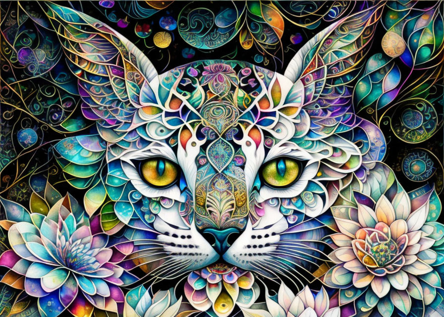 Vibrant mystical cat surrounded by colorful floral patterns