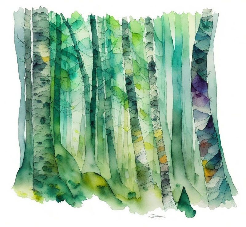 Abstract Watercolor Painting of Green and Blue Forest