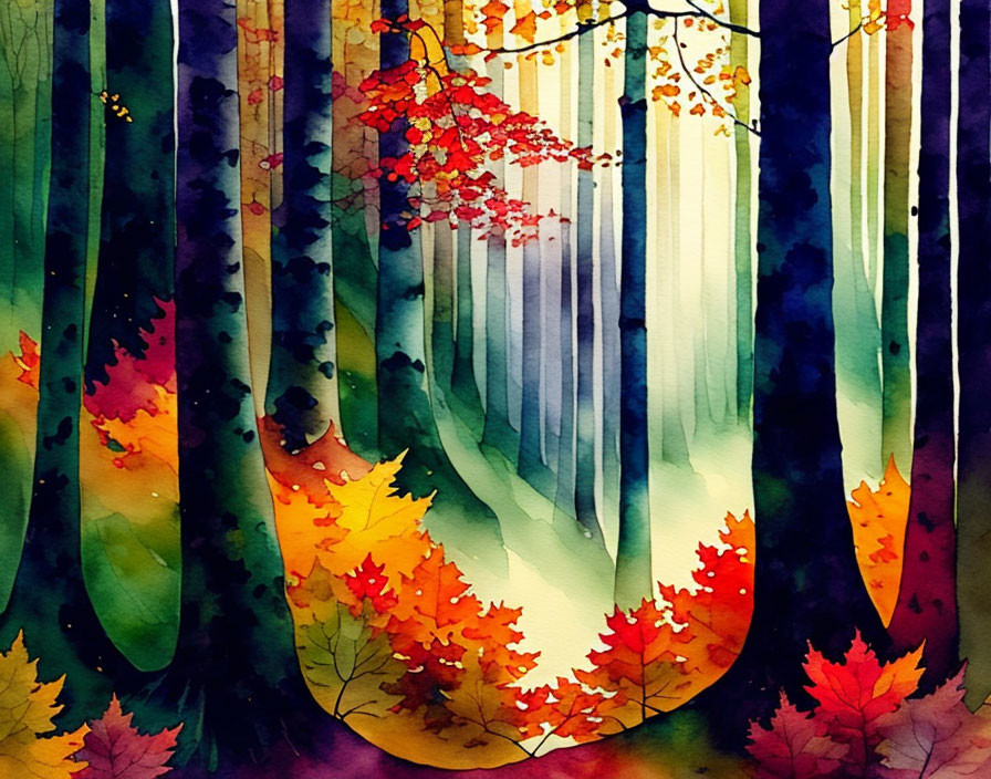 Colorful Autumn Forest Watercolor Painting With Falling Leaves