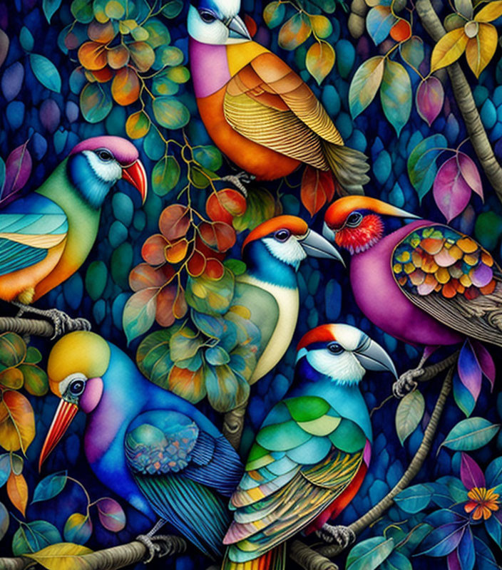 Colorful Birds Perched Among Vibrant Leaves and Flowers