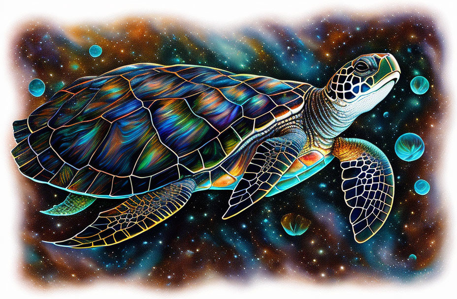 Colorful Sea Turtle Illustration Swimming in Cosmic Space