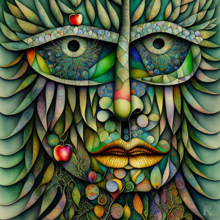 Colorful face art with leaf patterns, detailed eyes, and apple motifs