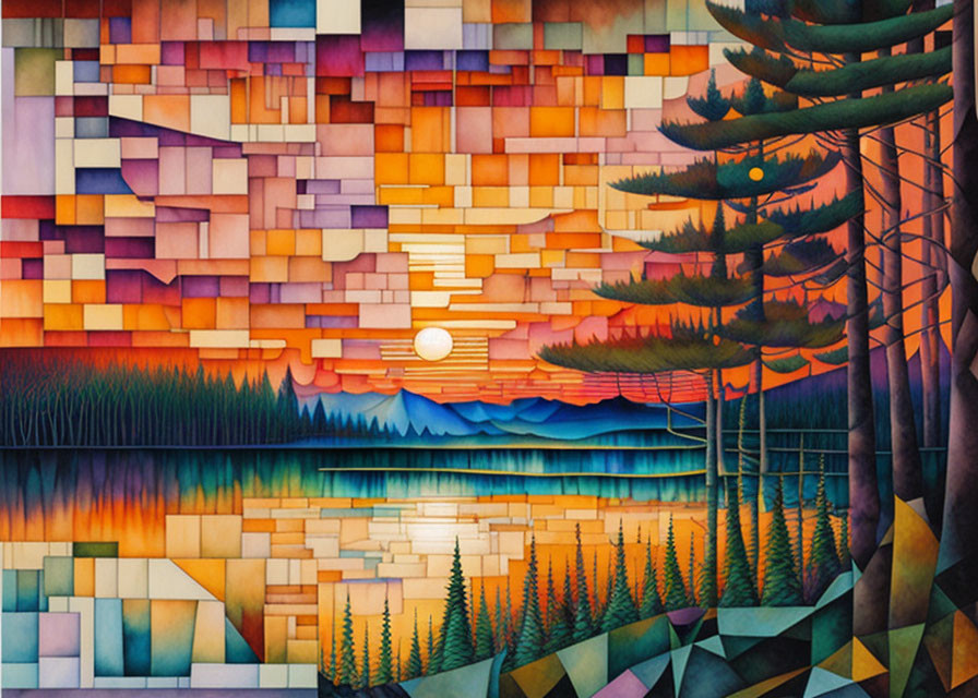 Vibrant Geometric Landscape Painting with Sunset and Mountains