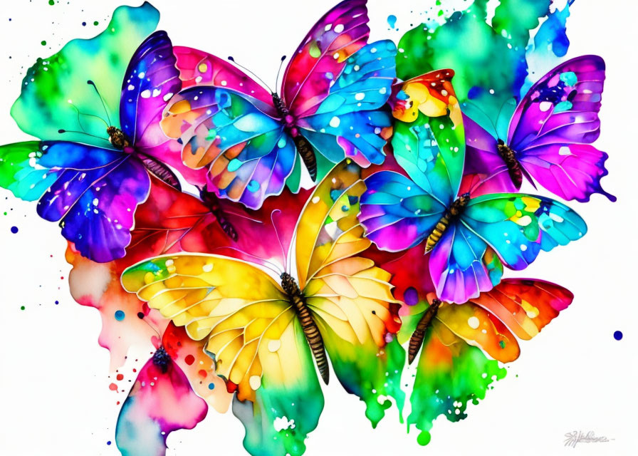 Colorful Watercolor Painting of Butterflies with Ink Splashes