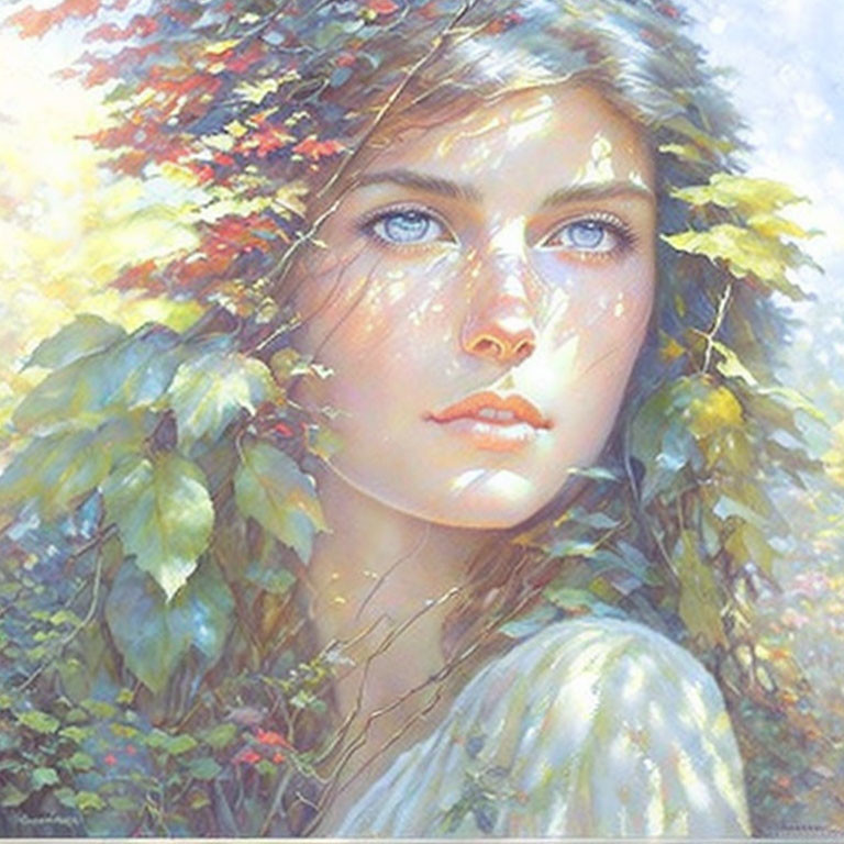 Woman with Blue Eyes in Leafy Foliage and Dappled Sunlight