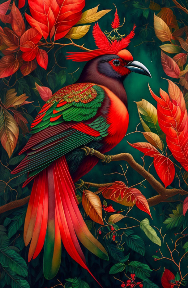 Colorful Bird Illustration with Elaborate Plumage on Branch