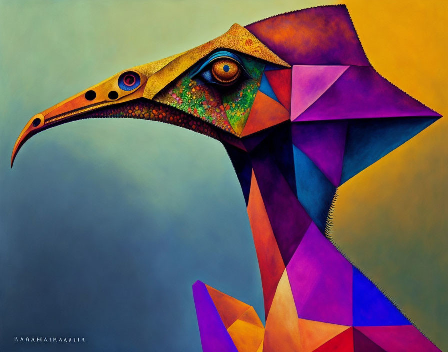 Abstract painting: Geometric shapes create stylized bird head