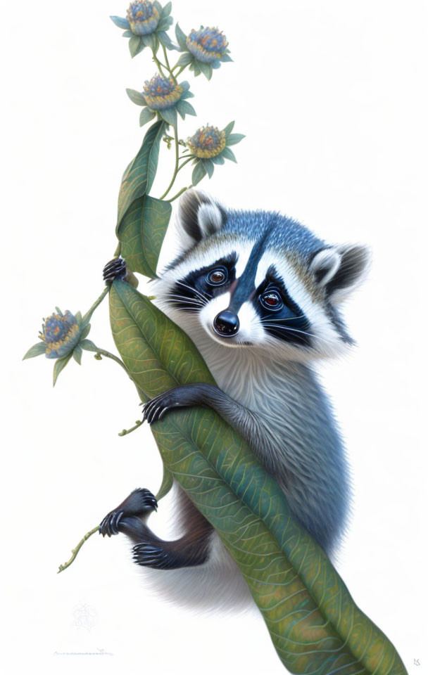 Curious raccoon on green stalk with leaves and flowers