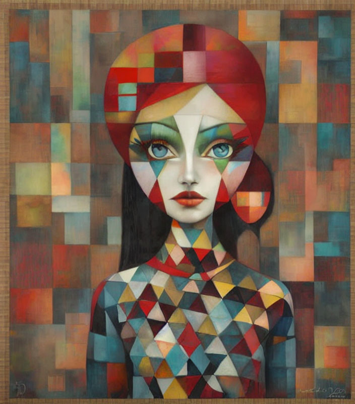 Vibrant cubist painting of female figure with geometric patterns.