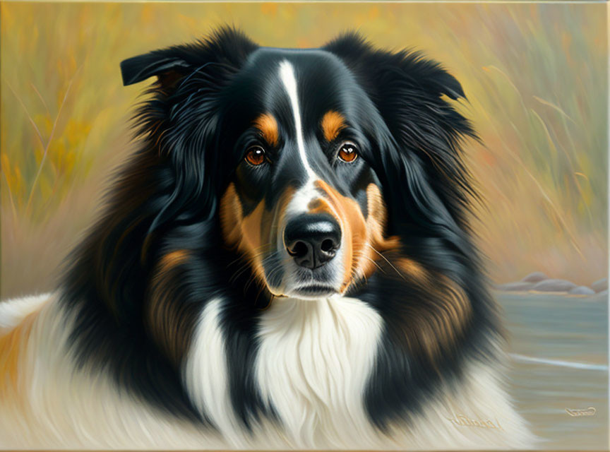 Realistic tricolor Bernese Mountain Dog painting on autumn backdrop