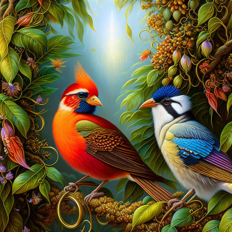 Colorful Birds Among Lush Foliage and Flowers