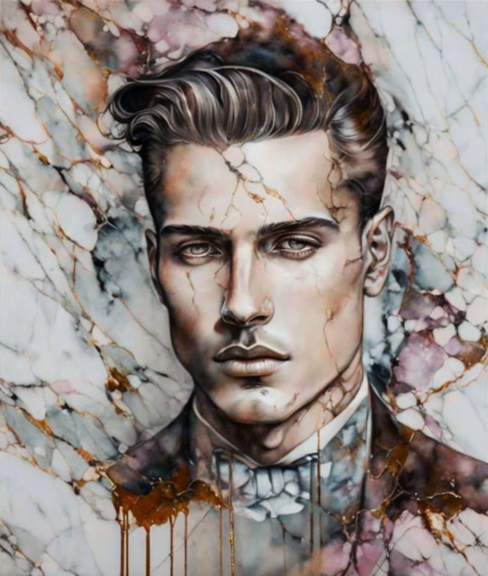 Man with Classic Features on Marbled Background with Golden Veins