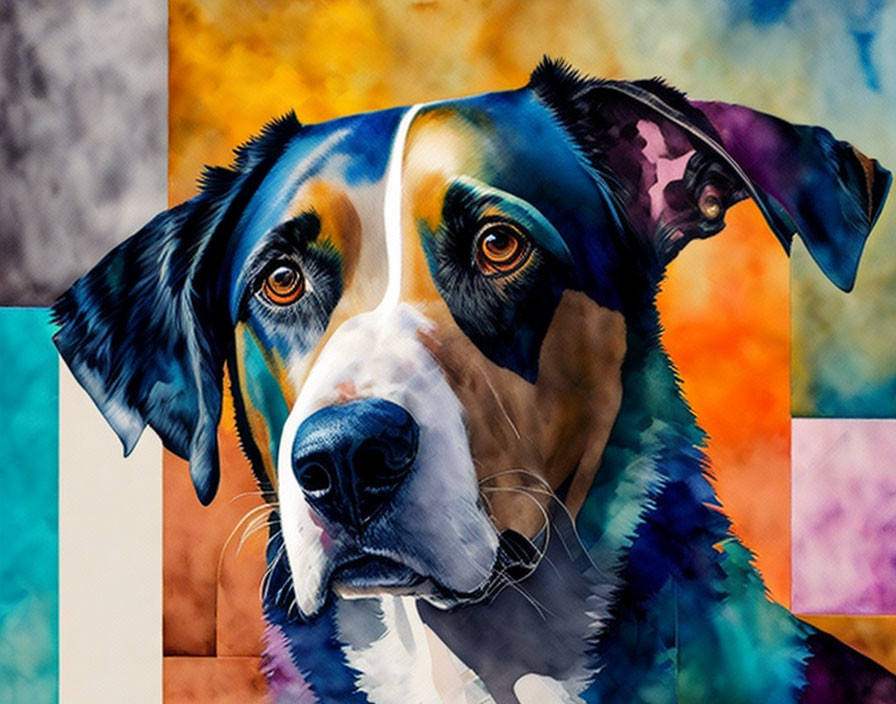 Vibrant Patchwork Dog Portrait on Colorful Geometric Background