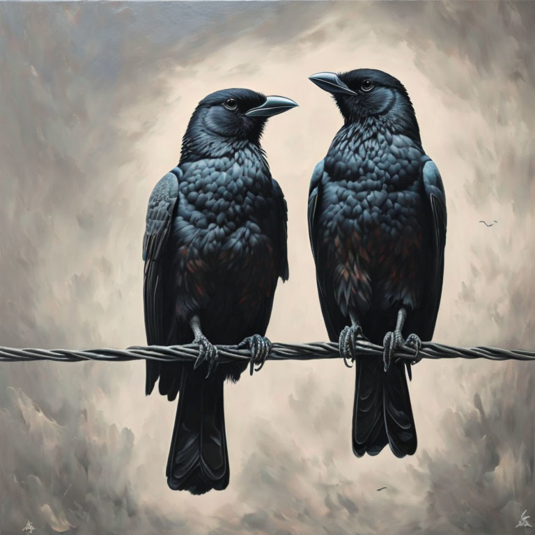 Realistic crows on wire against cloudy sky.