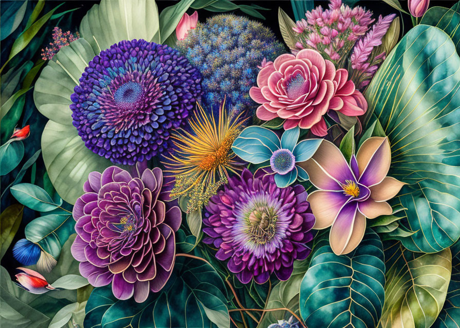 Colorful floral illustration with birds in lush foliage