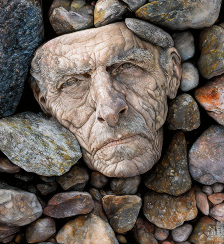 Hyper-realistic painting: Elderly man's face among rocks