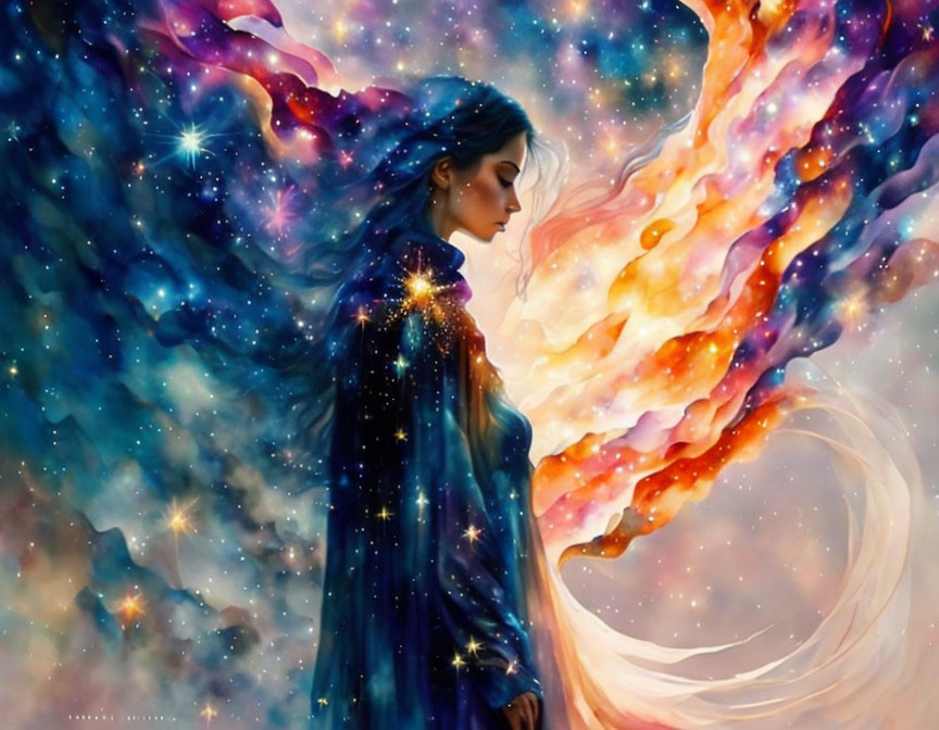 Vibrant cosmic nebula woman with star-studded hair and cloak.