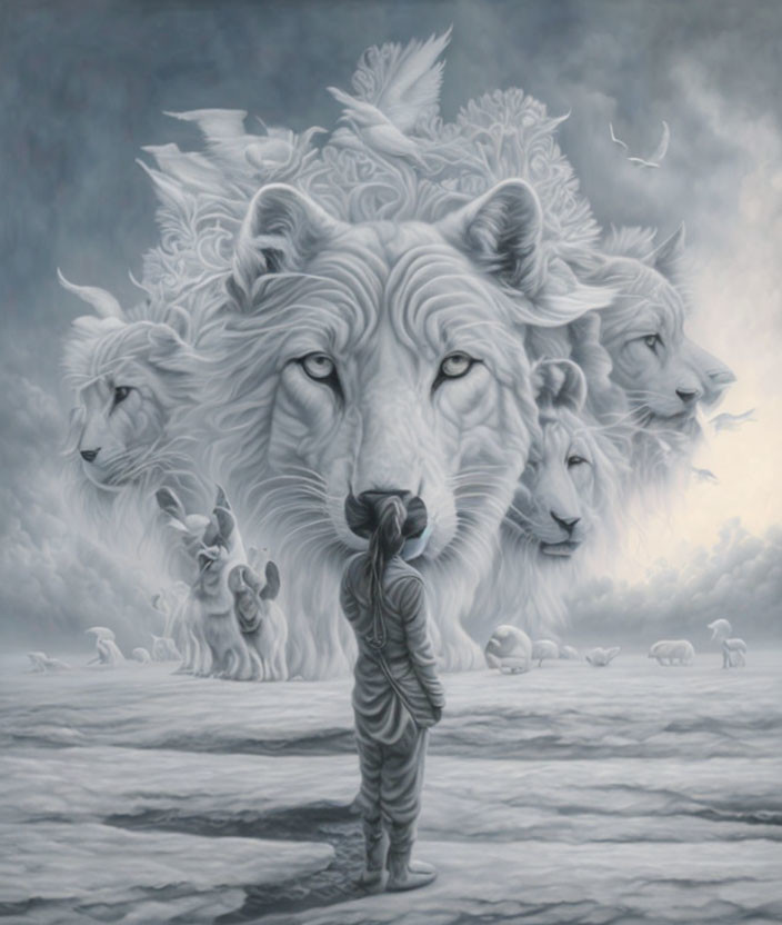 Surreal grayscale artwork with human and lion faces in icy landscape