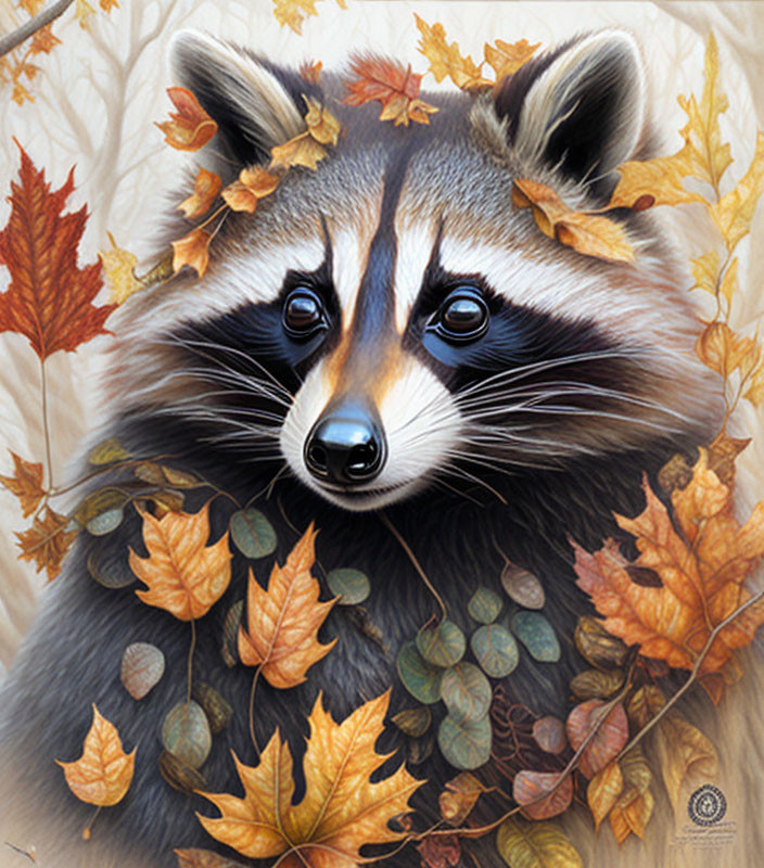 Detailed Raccoon Face Illustration Among Autumn Leaves in Warm Tones