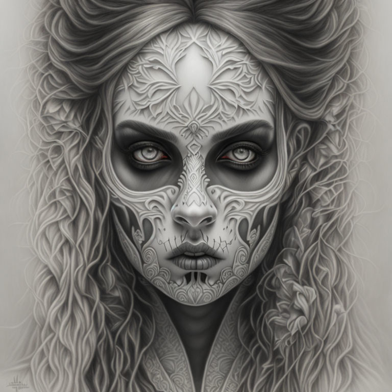 Grayscale illustration of person with intricate facial markings and intense eyes in wavy hair