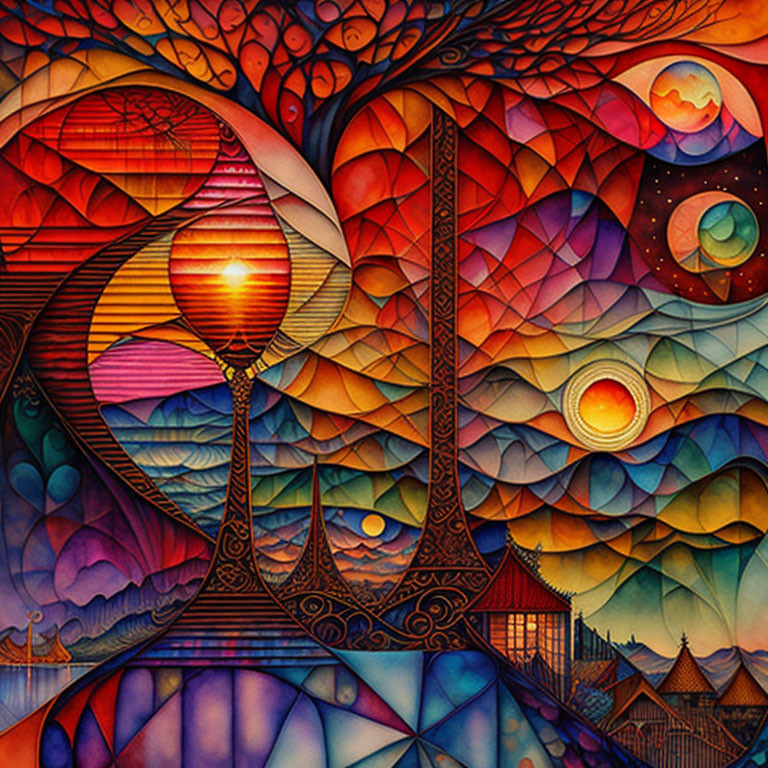 Colorful Abstract Art: Eiffel Tower, Trees, Celestial Bodies