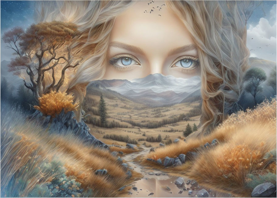 Surreal artwork featuring woman's face merging with serene landscape