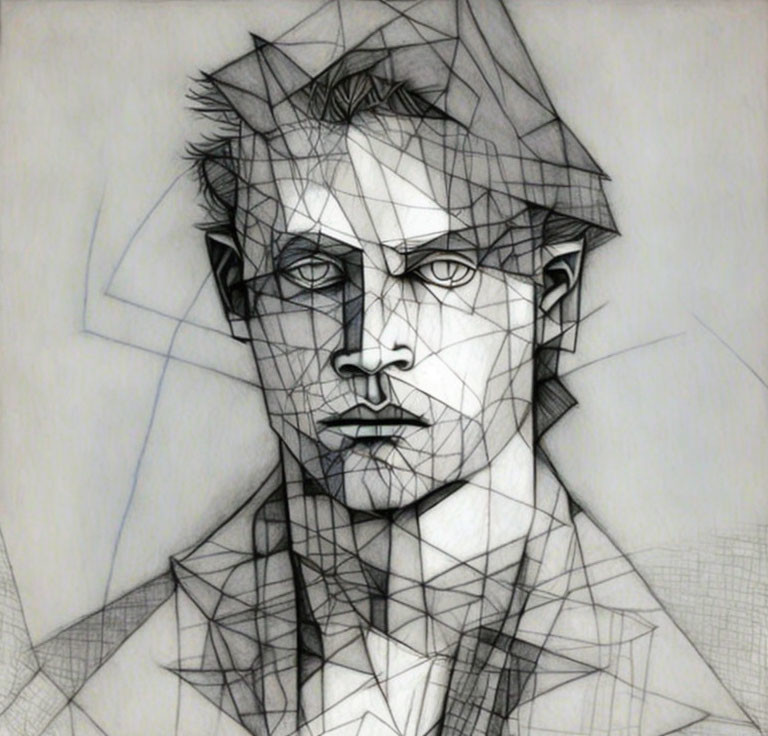 Detailed graphite sketch of a man with sharp, geometric facial features