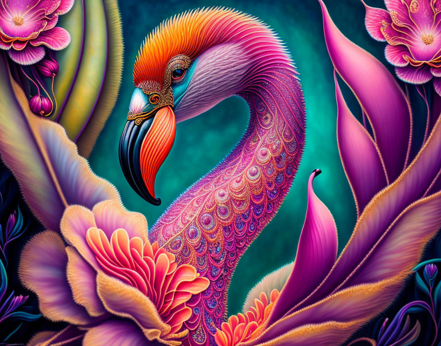 Colorful Stylized Flamingo Artwork with Intricate Floral Patterns