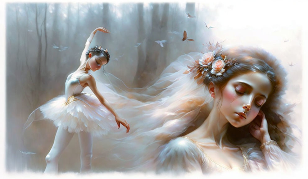 Illustration of Ballerina and Sleeping Woman in Dreamy Setting