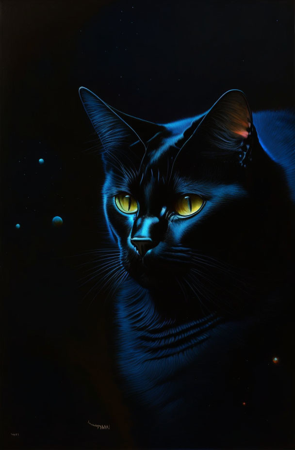 Black Cat Painting with Luminous Yellow Eyes on Dark Starry Background