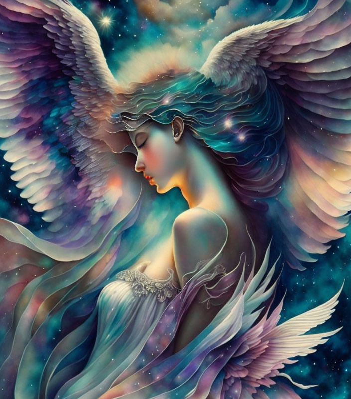 Ethereal angel painting with multicolored wings and serene expression