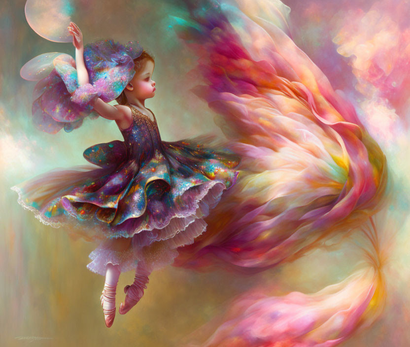 Young girl with butterfly wings in sparkling dress floating in colorful swirls