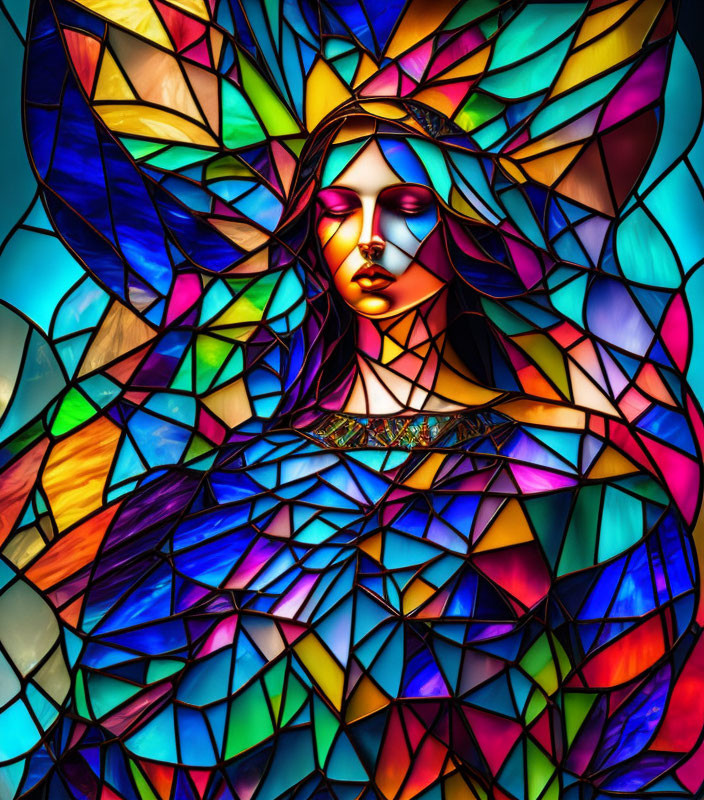 Vibrant stained glass-style illustration of woman with closed eyes