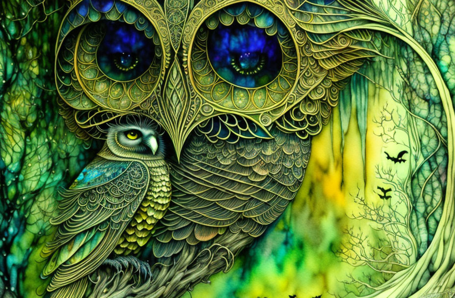 Detailed owl illustration with blue eyes in forest setting.