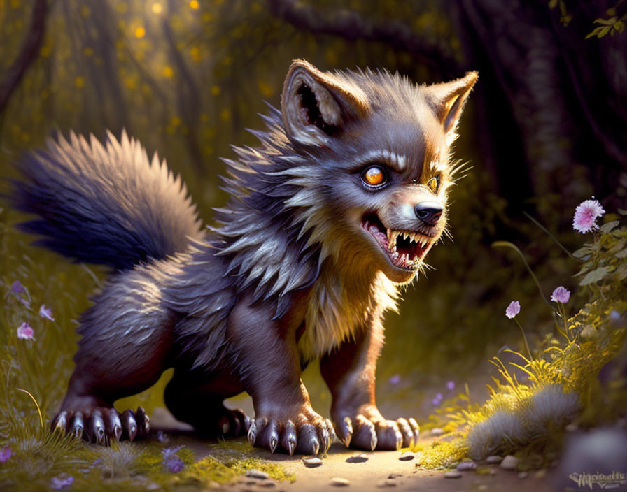 Fantasy creature drawing: Fierce fox with oversized fangs in enchanted forest