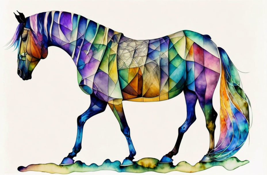 Colorful geometric horse artwork with watercolor effect