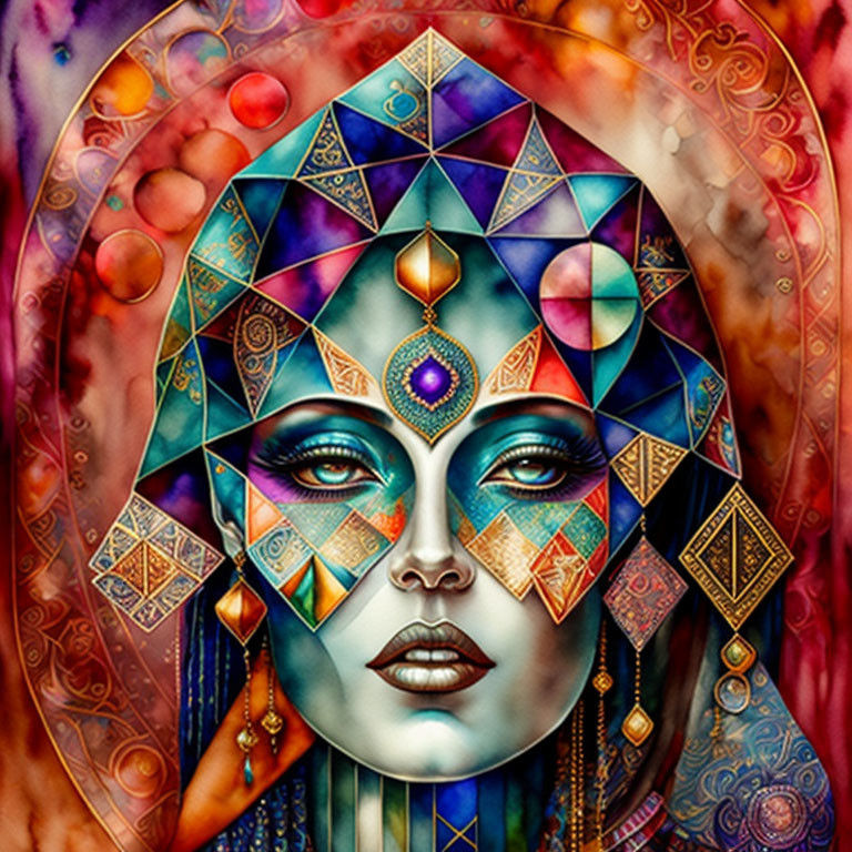 Colorful Geometric Pattern Woman Illustration in Mystical Style