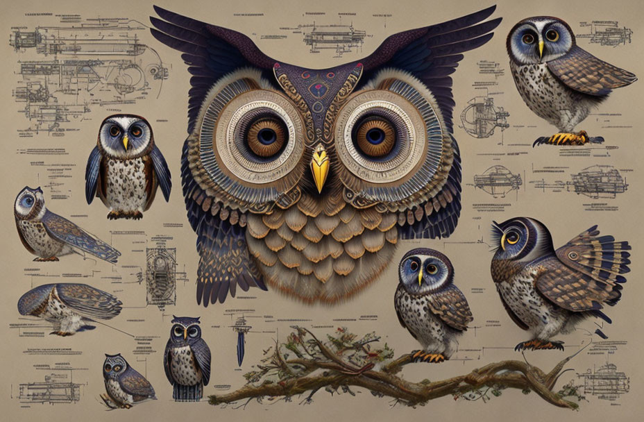 Stylized owl portraits with intricate patterns on mechanical blueprints