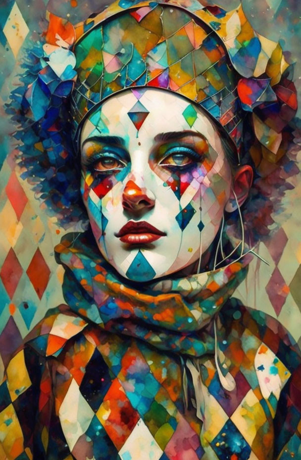 Colorful Stylized Portrait of Woman with Geometric Patterns, Tears, and Butterflies