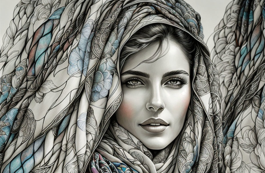 Detailed grayscale illustration of woman with butterfly wings in hair and shawl