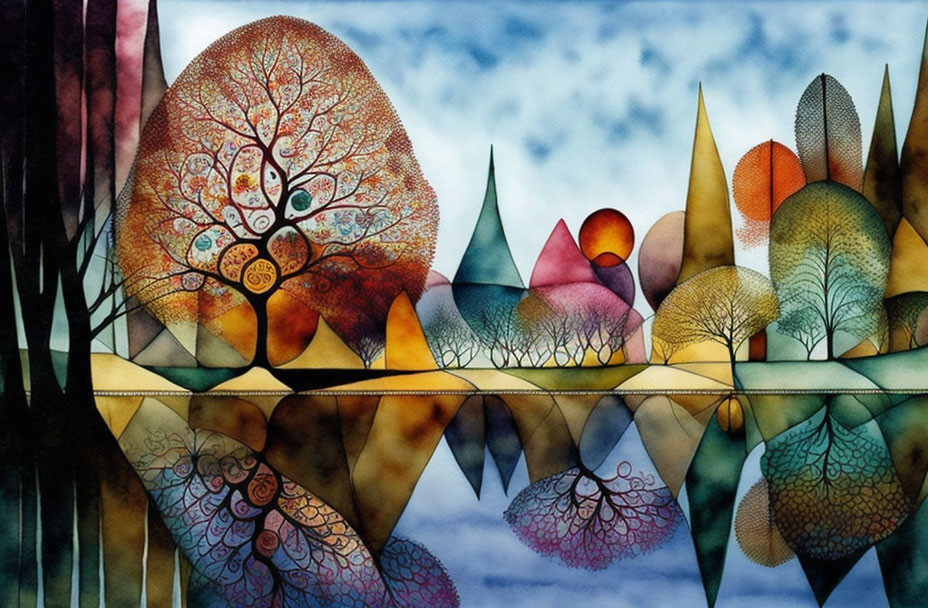 Vibrant tree painting with intricate patterns reflected in water