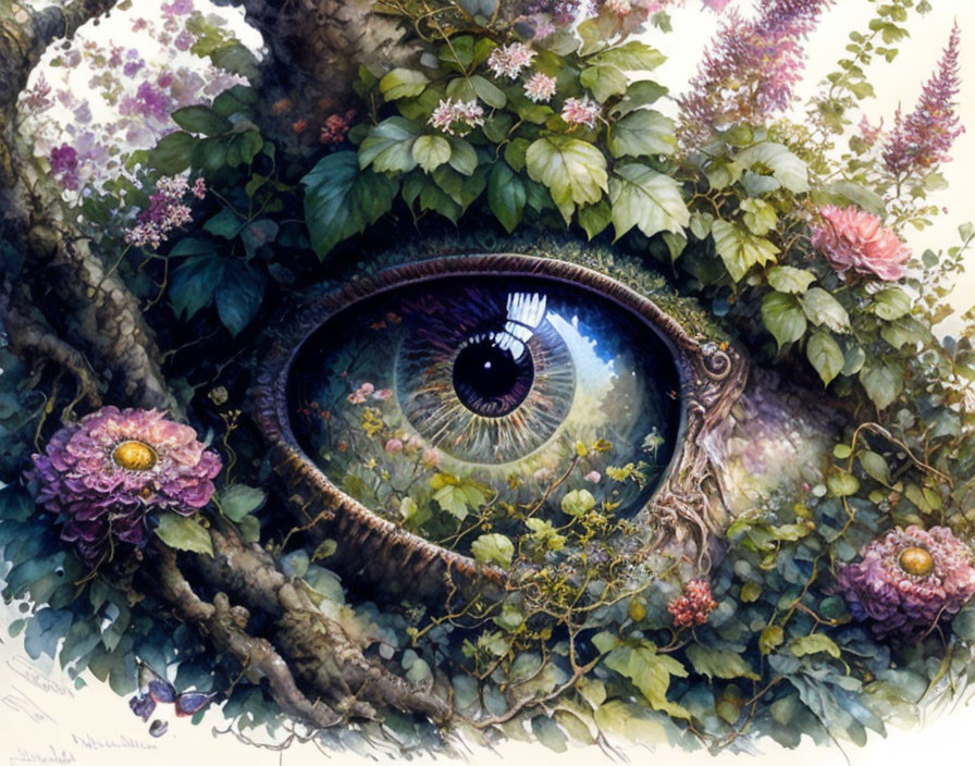 Detailed surreal illustration: giant eye in tree trunk among lush foliage, flowers, vines