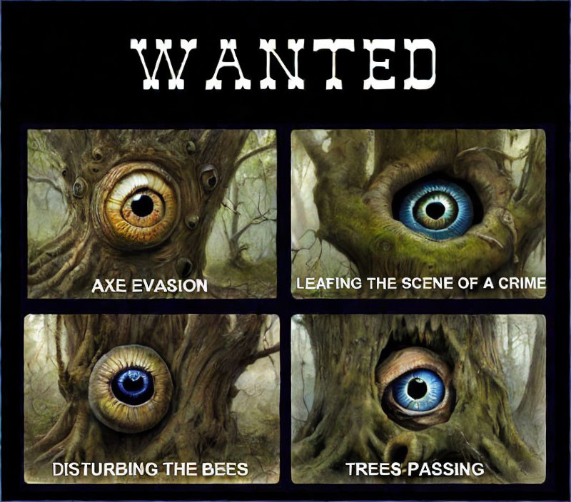 Four humorous wanted posters with tree trunk eyes and punny tree-themed criminal labels.