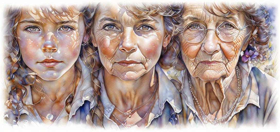 Watercolor triptych showcasing female faces aging from youth to old age