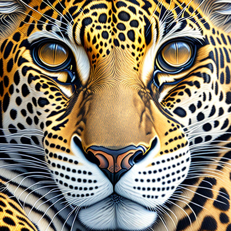 Detailed close-up of jaguar's face with intricate fur patterns and intense amber eyes.