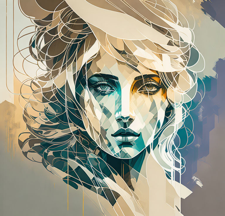 Abstract woman's face illustration with flowing hair in brown, gold, and blue shades and geometric patterns.