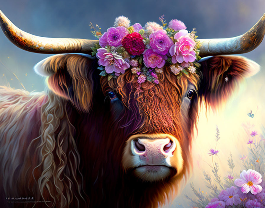 Colorful Flower Crown Highland Cow Illustration on Floral Background