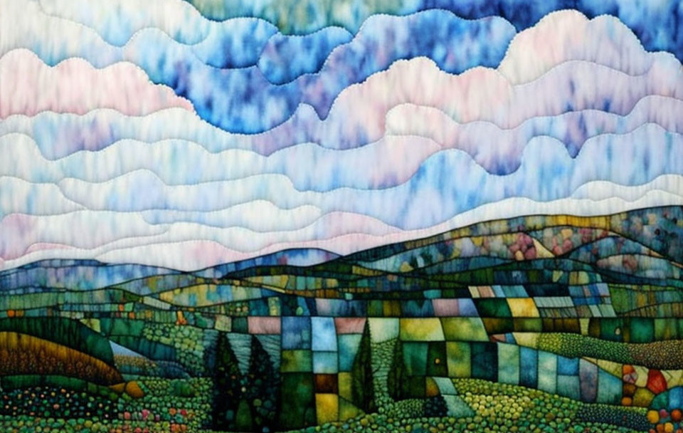 Vibrant quilt/tapestry featuring rolling hills and wavy cloud patterns