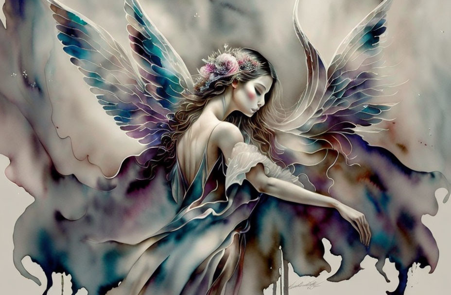 Ethereal artwork of angelic figure with detailed wings and serene expression