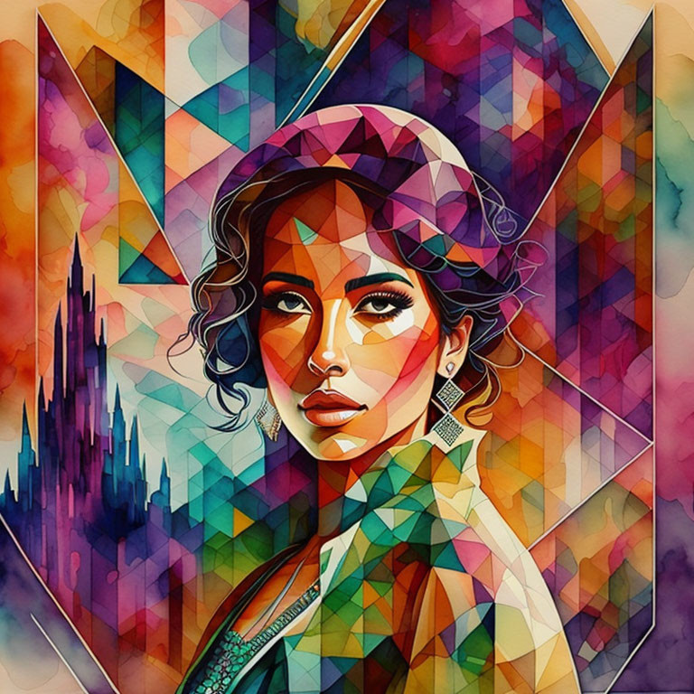 Colorful Geometric Portrait of Woman with Abstract Castle Silhouette